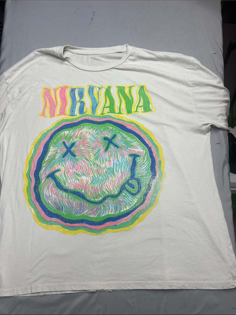 NIRVANA White Tee with Neon Rainbow Smiley Graphic